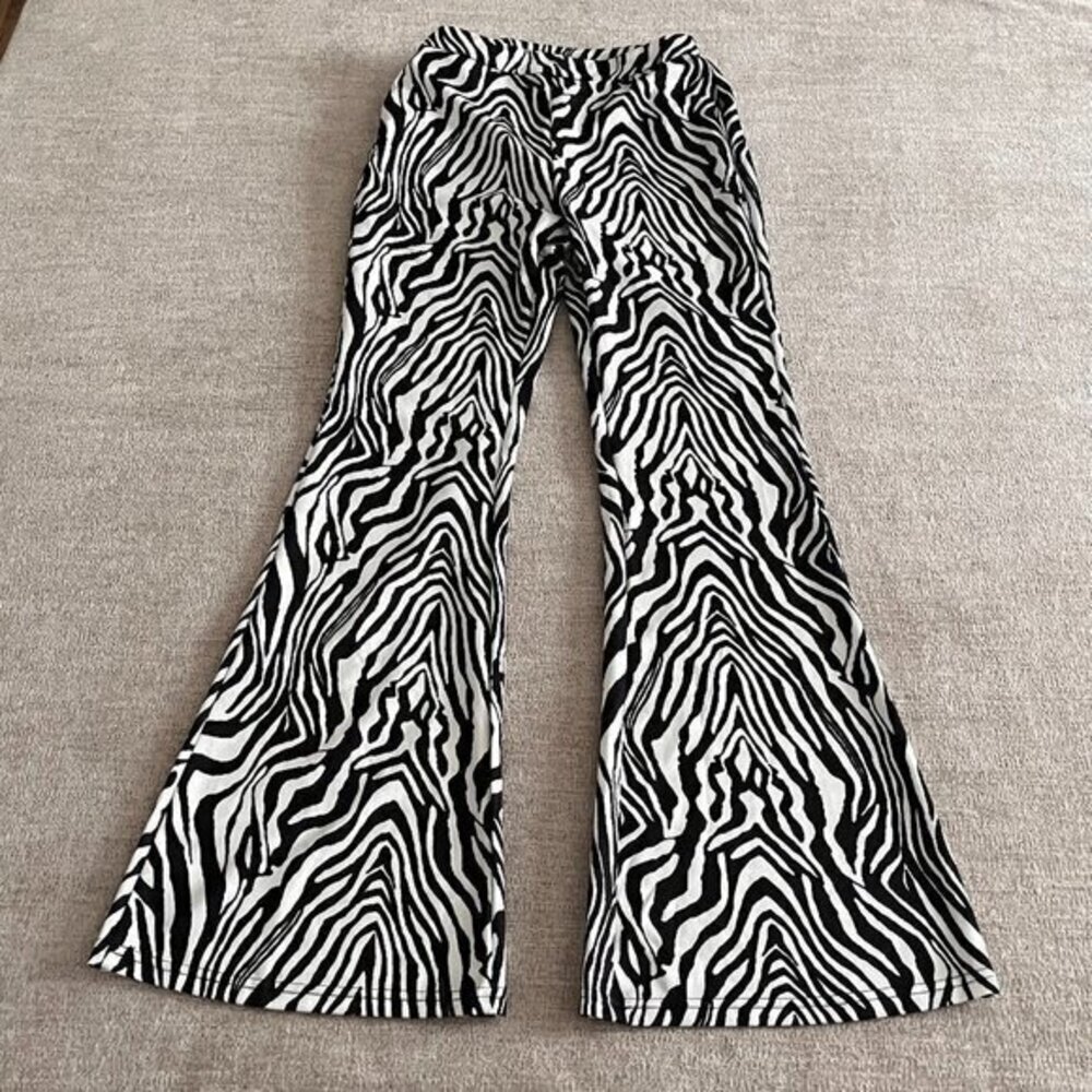 Shein Womens Zebra Print Flare Bell Bottom-Sides Zip Pants Size S (4) Stretch
